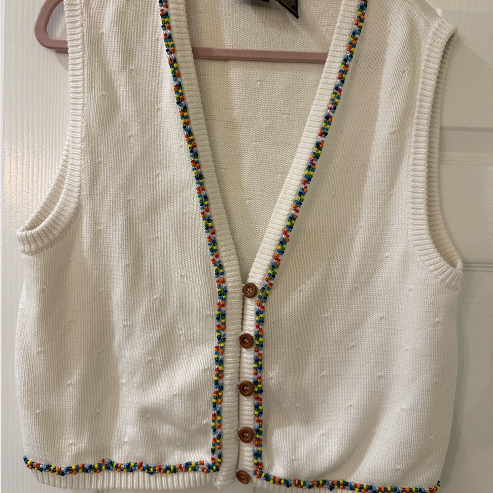 Liz Claiborne VTG White Cardigan with Multicolor Beaded Trim